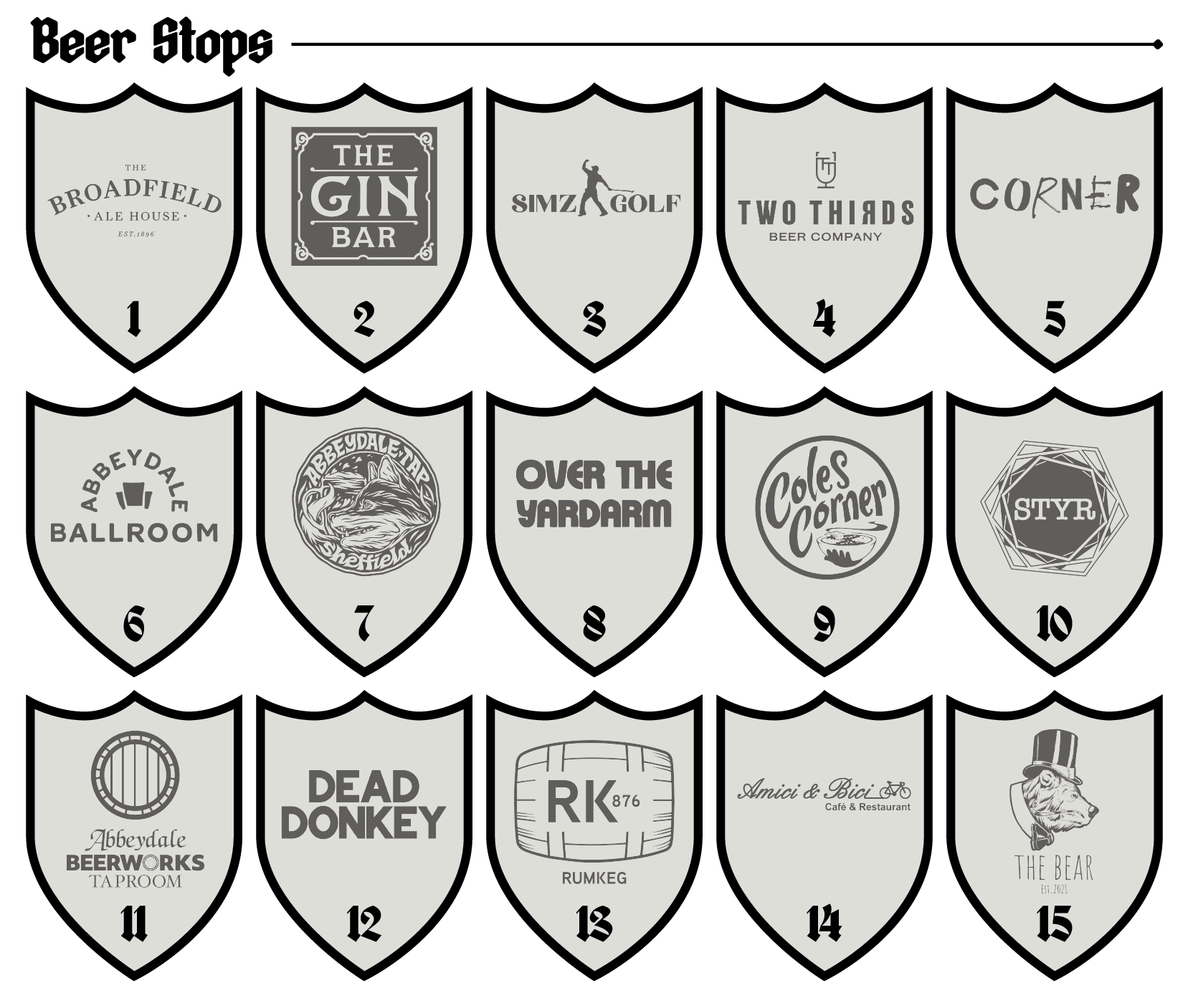 Beer Stops 1 through 15: numbered shields showing all trail venues from The Broadfield to The Bear